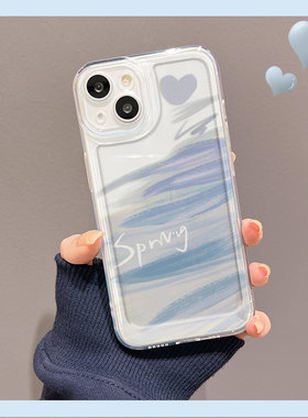 简约蓝色涂鸦油画适用苹果14promax手机壳iPhone13透明12mini新款17pro个性1plus55防摔硬壳