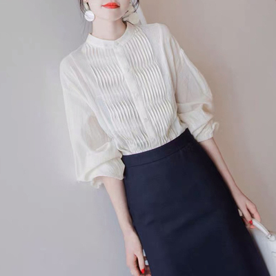 2025春季新款设计感小众法式复古气质衬衫女白色灯笼袖雪纺上衣女
