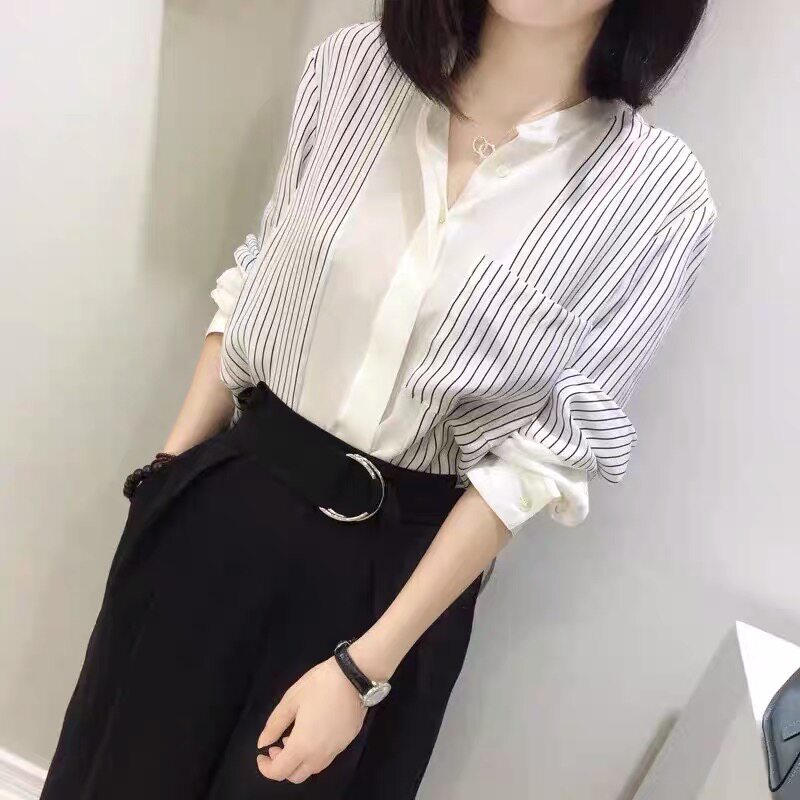 2025春新款OL衬衣设计感立领宽松白色条纹衬衫女长袖气质雪纺上衣