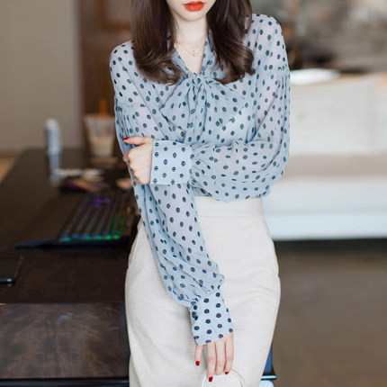 2025春新款设计感小众灯笼袖波点衬衫女宽松长袖衬衣法式别致上衣