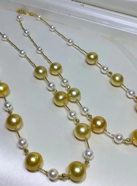 天卉珠宝天然海水珍珠akoya珍珠+南洋金珠花式满天星时尚大气项链