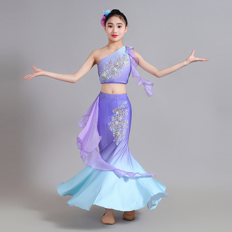 新款儿童傣族舞蹈演出服女童艺考360度弹力鱼尾裙少儿民族表演服
