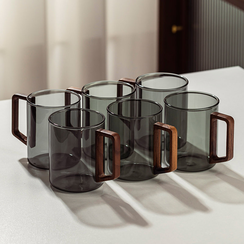 玻璃杯家用待客水杯客厅喝水杯子高温耐热茶杯套装带把水杯子杯架
