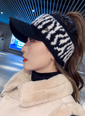 韩版空顶帽女M标黑色鸭舌帽冬款加绒针织毛线保暖棒球帽潮学生帽