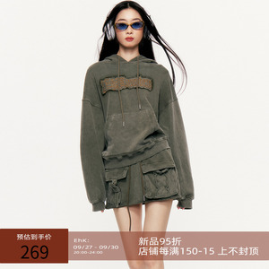 EhK原创设计 连帽时髦军绿卫衣刺绣毛边宽松百搭美式复古卫衣套装
