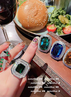 旺财运黄色水晶钻戒指环复古超大宝石女食指饰品宴会礼服蓝色配饰