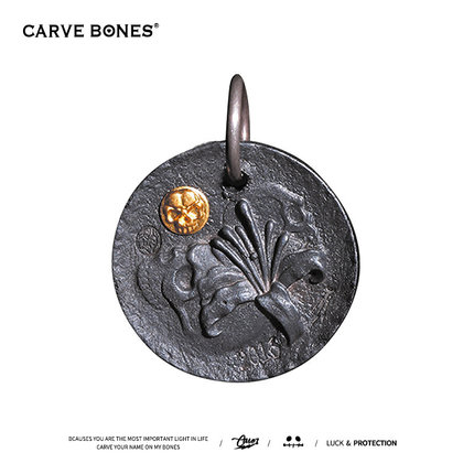 CARVE BONES刻骨设计浪漫守护纯银银币彼岸花吊坠22K金复古风项链