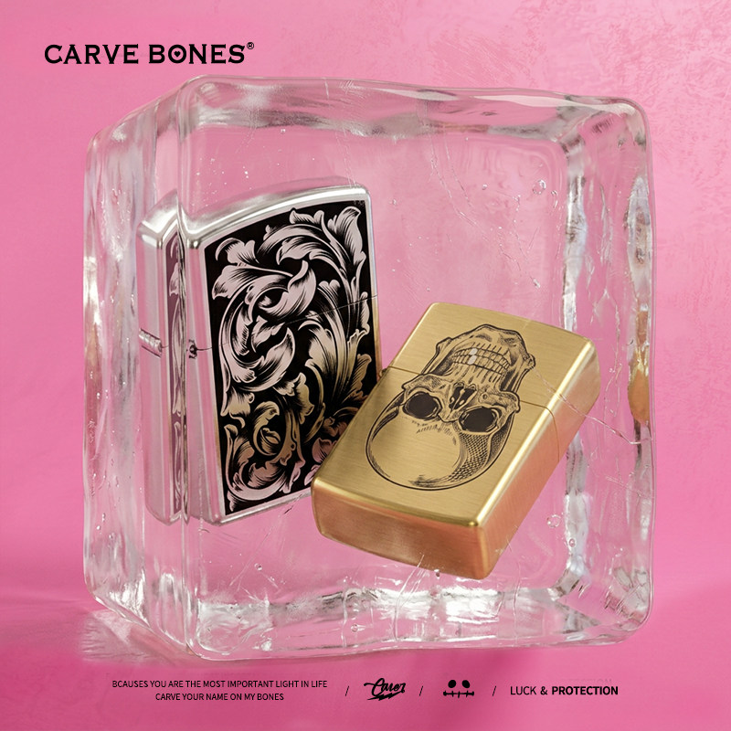CARVE BONES定制林赛雕刻手工防风打火机骷髅24K金925银男士纯铜