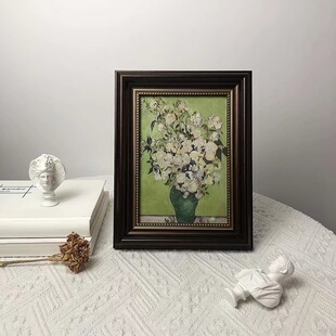 梵高白玫瑰桌面摆件艺术小众复古法式 饰画 相框摆台卧室客厅油画装