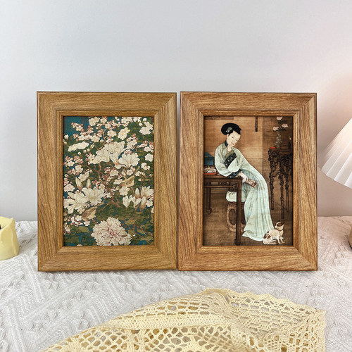 中古原木油画装饰画桌面摆件