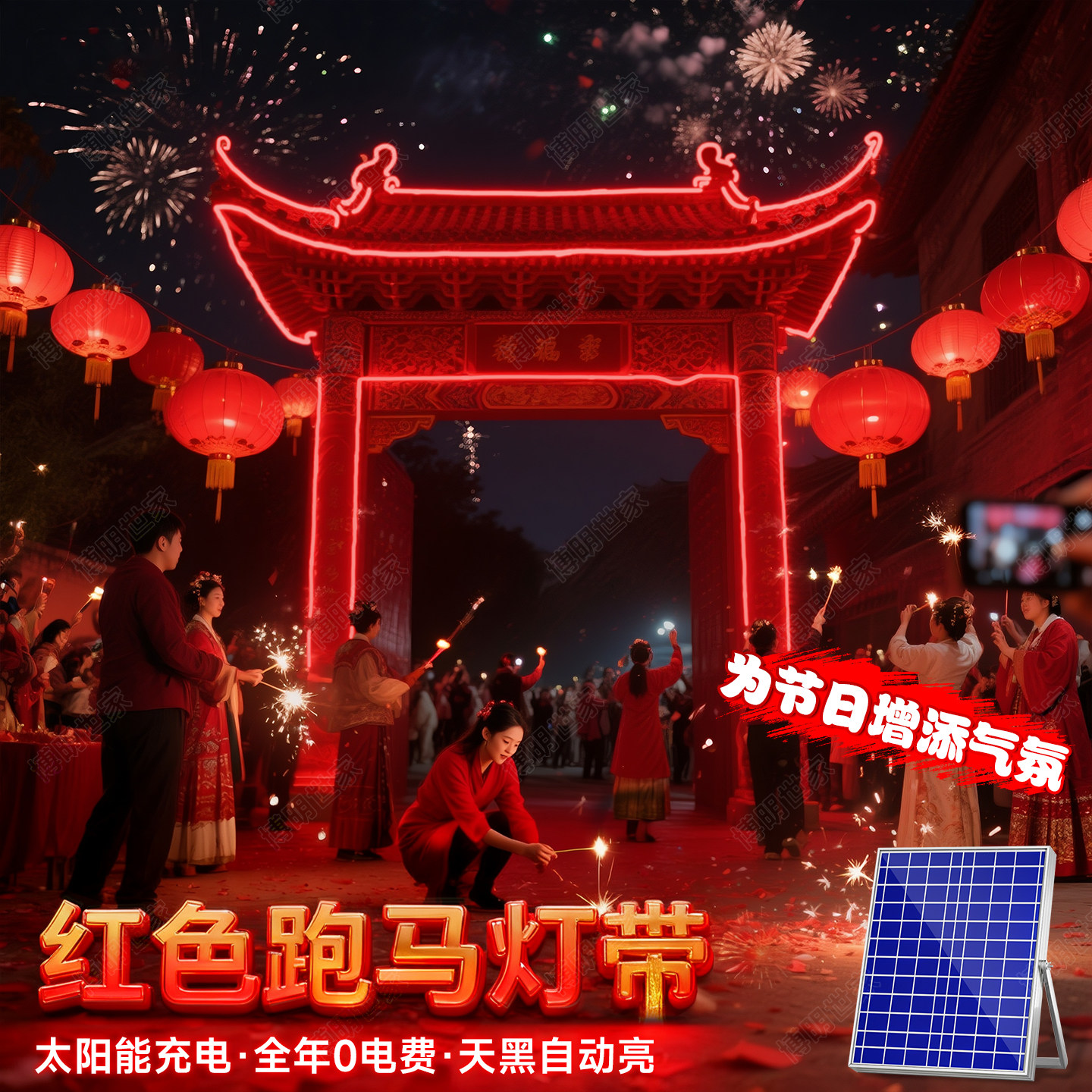 红色跑马灯带太阳能新款过年氛围灯条新年彩灯布置装饰流水线条灯