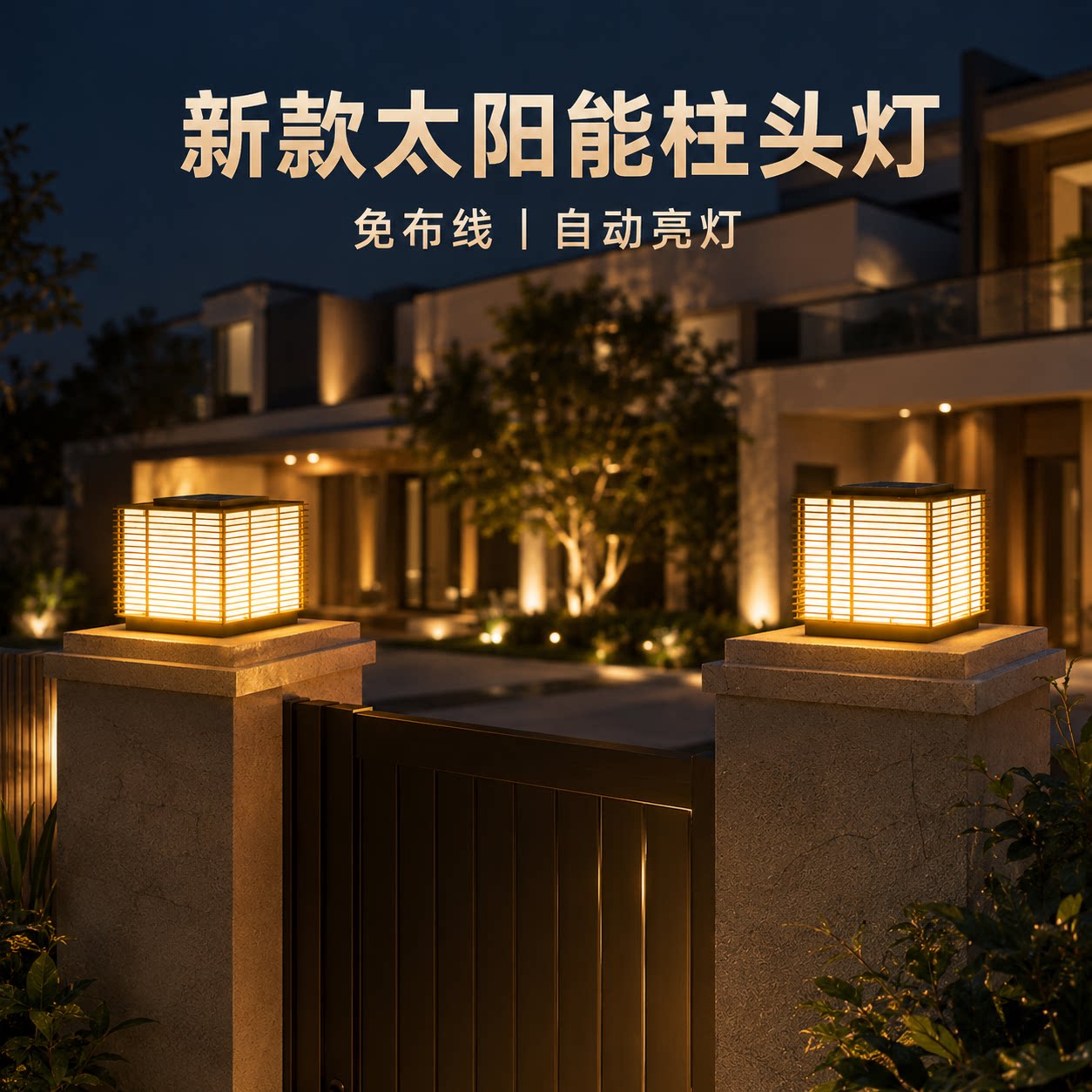 大门口一对太阳能门柱灯庭院院墙防水柱头灯室外围栏立柱照明灯具