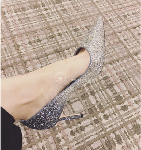 银色蕾丝2020春新细跟尖头镂空单鞋 新娘伴娘 女 婚鞋 JC高跟鞋