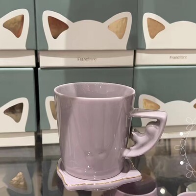 日本代购 francfranc 餐具 猫咪马克杯带盖 咖啡杯礼盒包装270ml