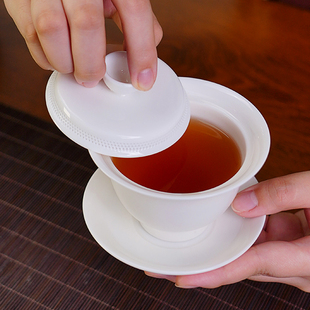 孔一体三才盖碗千孔过滤泡茶器功夫茶具羊脂玉瓷盖碗 真真茶器