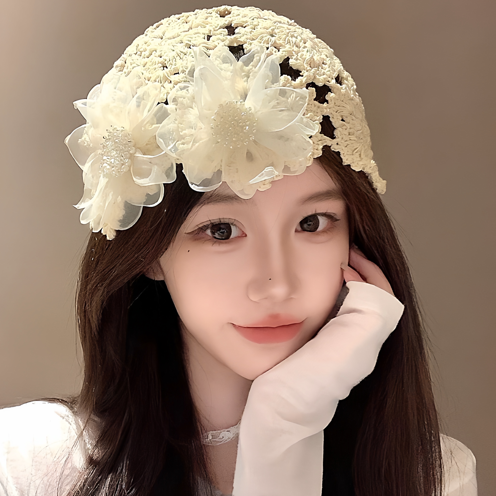 日系优雅花朵套头帽子女士手工帽