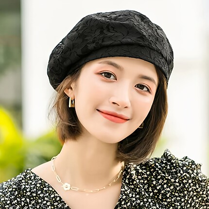网红爆款贝雷帽女英伦复古百搭蕾丝遮发帽文艺时尚画家帽四季通用