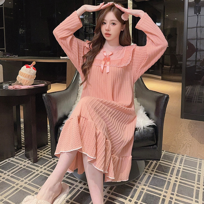 秋冬提花纯棉睡裙女长袖带胸垫特大码中长款睡衣胖MM200斤睡衣5XL