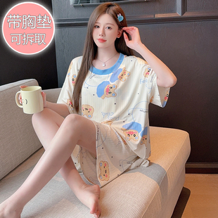 带胸垫胖MM特大码女夏睡衣短袖纯棉套装200斤宽松家居服220斤5XL