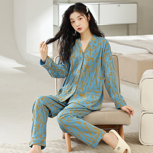 睡衣女纯棉长袖胖mm200斤秋冬季开衫纽扣和服220斤家居服套装5XL
