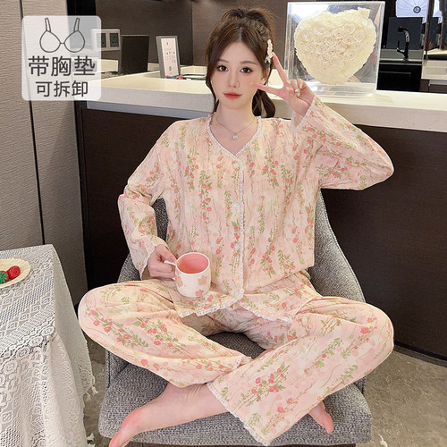 胖mmbra带胸垫睡衣女春秋季纯棉长袖特大码免穿文胸200斤5XL套装