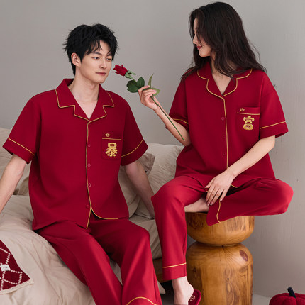 特大码情侣睡衣夏季纯棉红色女男短袖结婚本命年230斤300斤6XL7XL