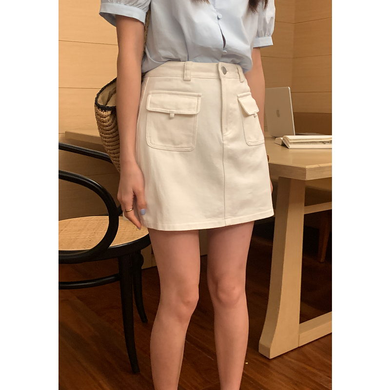yesyellow设计感口袋牛仔裙女2024夏韩版纯色高腰包臀A字短裙