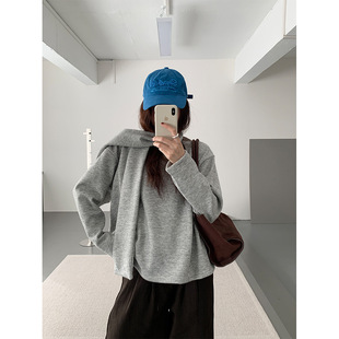 yesyellow韩系纯色圆领加绒卫衣女25秋冬宽松加厚披肩两件套上衣