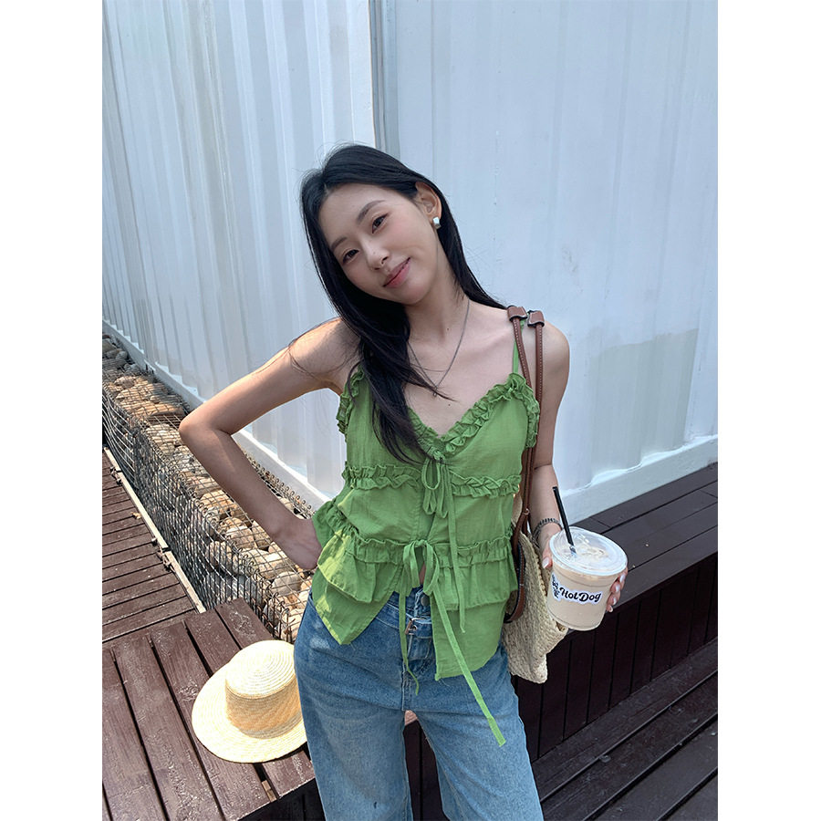 yesyellow 韩系ins风荷叶边V领吊带女2025夏季新款宽松百搭小衫