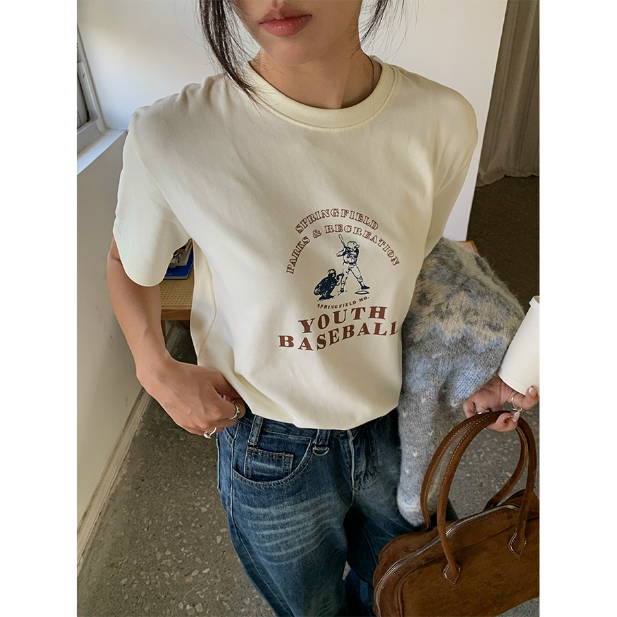 yesyellow磨毛印花短袖T恤女2025秋季新款韩版宽松简约休闲上衣