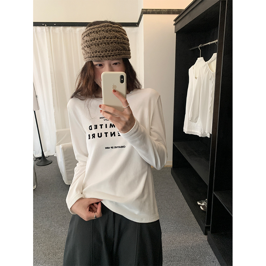 H1DC541017韩系磨毛字母印花植绒长袖T恤女秋冬百搭宽松休闲上衣
