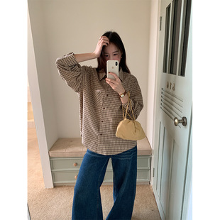 yesyellow复古磨毛格子长袖衬衫女冬季宽松显瘦休闲叠穿开衫衬衣