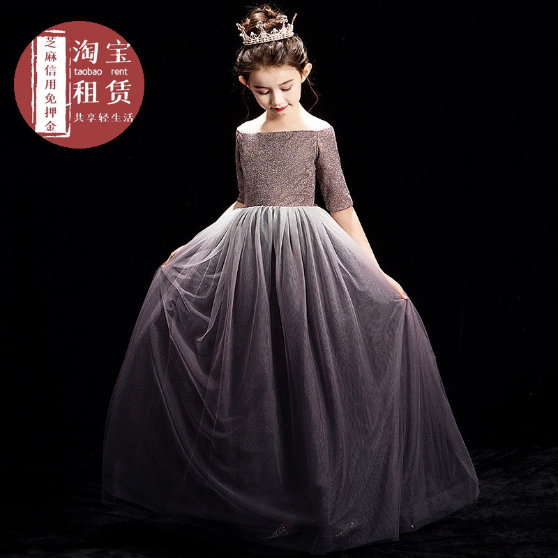儿童礼服出租女童钢琴演出小主持人一字肩齐地森系优雅晚礼服租赁