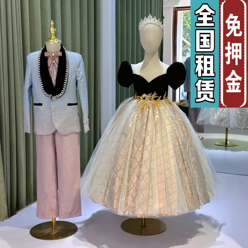 出租儿童赫本风高端礼服女孩黑色气质钢琴晚礼服金色亮片主持长裙图片