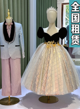 出租儿童赫本风高端礼服女孩黑色气质钢琴晚礼服金色亮片主持长裙