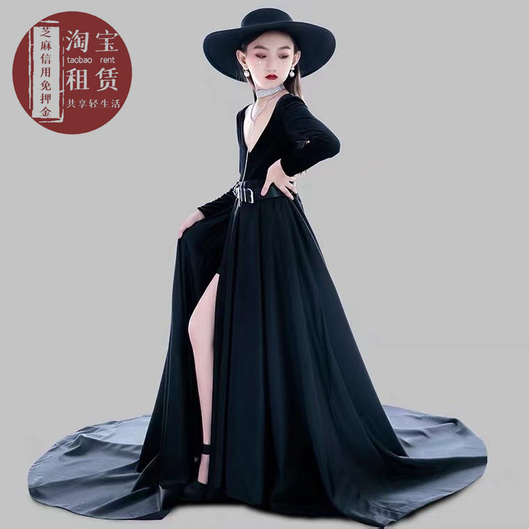 女童欧美风深v黑色拖尾礼服出租 女孩模特走秀车模大赛演出服租赁
