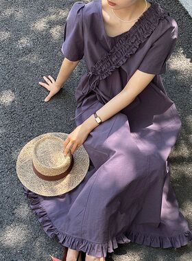 知予原创配包包紫色超好看短袖连衣裙女夏复古韩系长裙