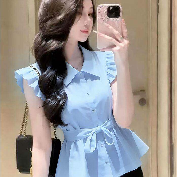 法式温柔优雅风蓝色小飞袖衬衫女2026夏季新款洋气收腰显瘦衬衣潮
