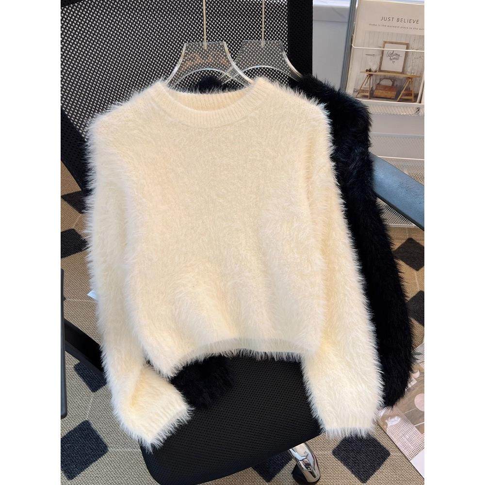 白色软糯水貂绒毛衣女士2025年秋季新款小个子短款针织衫爆款上衣,女装/女士精品,真丝上装,淘宝优惠券,粉丝福利购,淘宝优惠卷