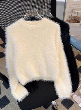 白色软糯水貂绒毛衣女士2025年秋季新款小个子短款针织衫爆款上衣