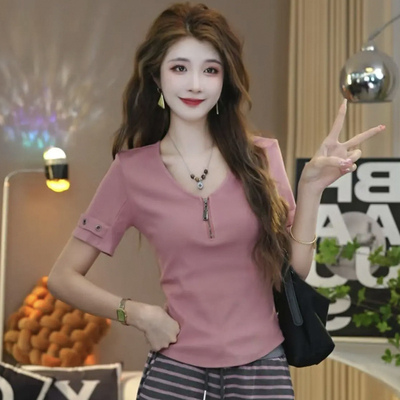 2025夏季新款时尚V领半拉链短袖T恤女修身显瘦百搭高级感穿搭上衣