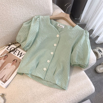 夏季新款小清新衬衫女格子小衫泡泡袖设计感小众可爱短款短袖上衣