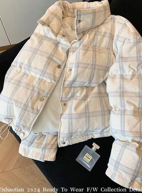 韩版灯芯绒格纹立领加厚棉服女冬2025新款气质保暖休闲慵懒风外套