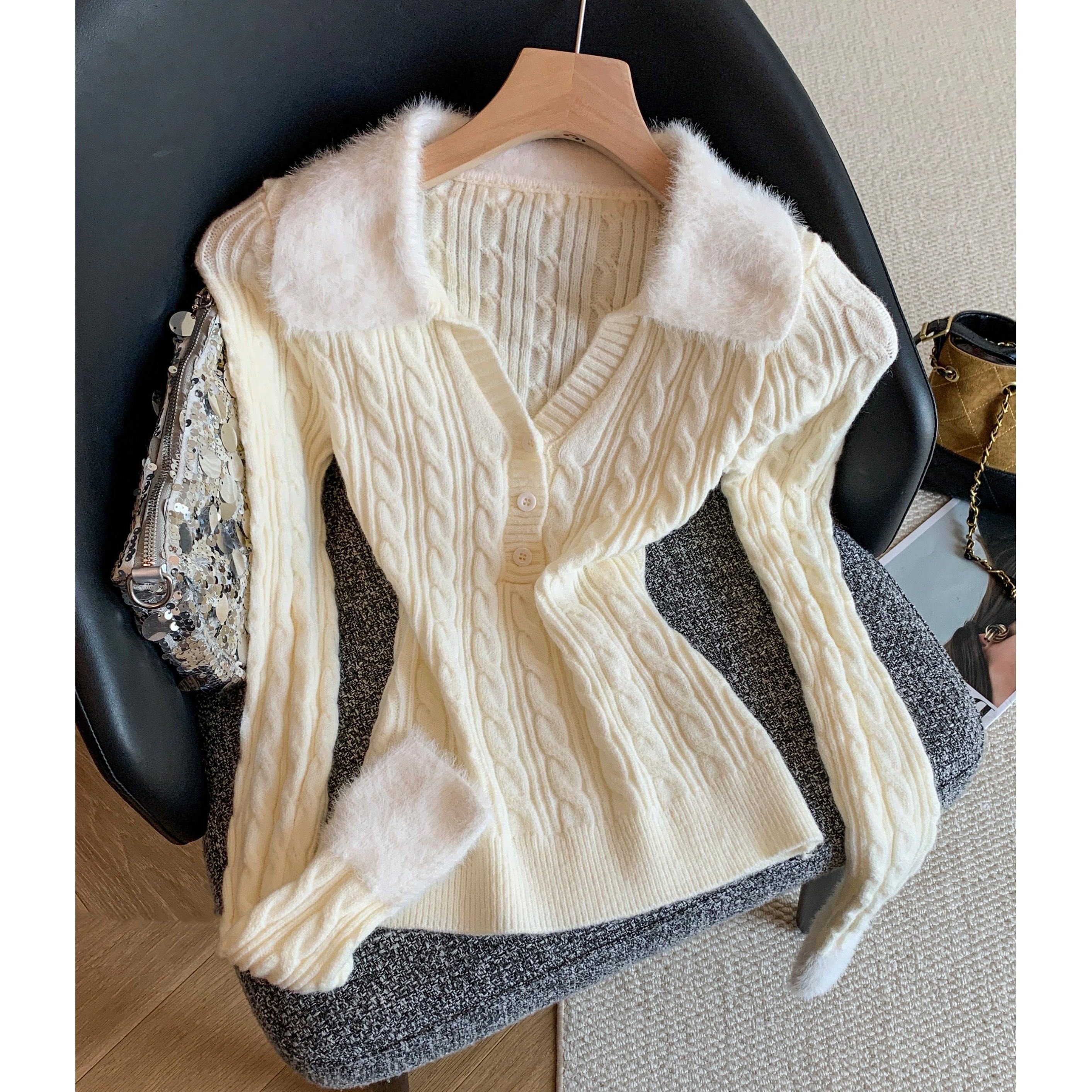 奶油风撞色毛毛翻领长袖针织衫女秋冬修身单排扣洋气上衣内搭毛衣,女装/女士精品,真丝上装,淘宝优惠券,粉丝福利购,淘宝优惠卷