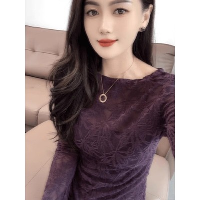 欧货不规则蕾丝小衫女早秋新款修身显瘦内搭打底衫法式高级感上衣