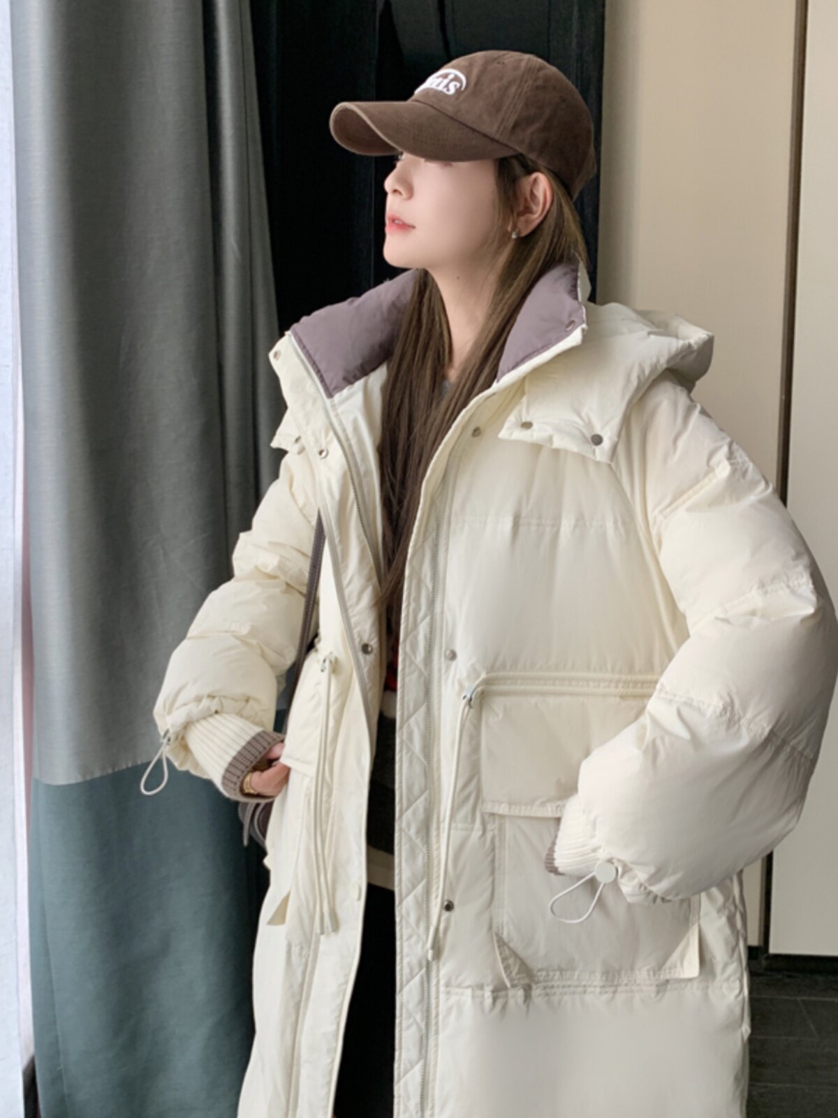 现货2023冬季新款拼色长款羽绒服外套连帽白鸭绒706-P355-K528,女装羽绒服,浙宝179