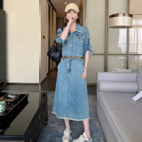 蓝色复古牛仔连衣裙女2025春季新款设计感做旧毛边显瘦衬衫长裙子，女装连衣裙，浙宝179