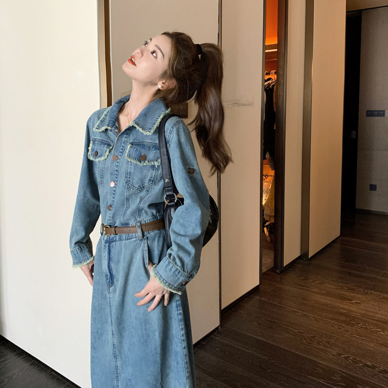 蓝色复古牛仔连衣裙女2025春季新款设计感做旧毛边显瘦衬衫长裙子,女装连衣裙,浙宝179
