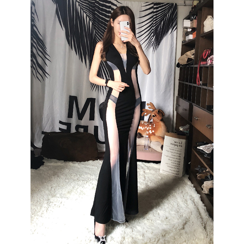 性感连衣裙拼色长款包臀