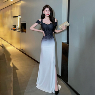 性感一字肩晚礼服女显瘦修身渐变色开叉包臀长裙宴会御姐风连衣裙